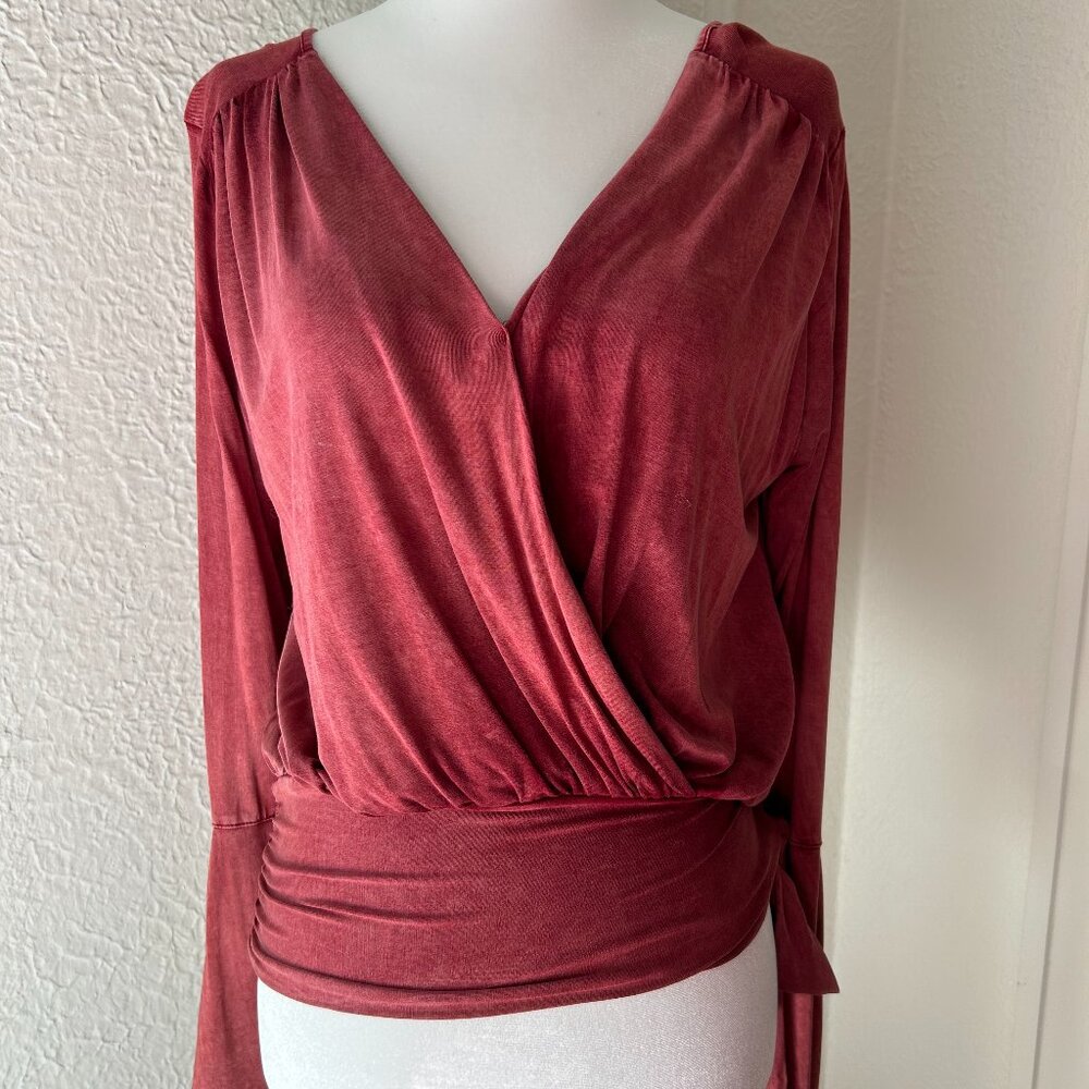 Anthropologie Deletta Red Wrap Top with Bell Sleeve & Tie Side, Women's Size XS